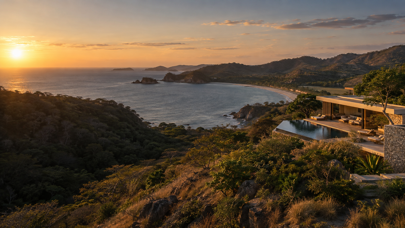 A contemporary home overlooking Guanacaste’s Pacific coastline at sunset